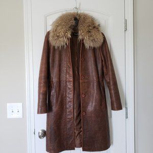 **SOLD**Excelled mid length brown leather coat. Sz M